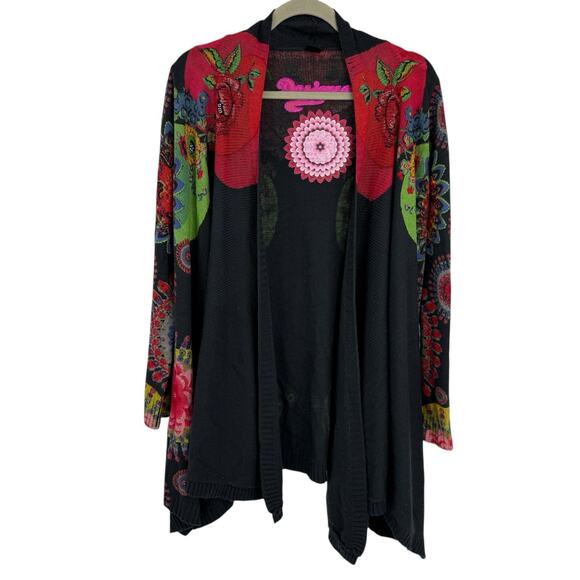 Desigual Wearable Art Open Cardigan Size Medium Gray Multi Floral Embellished - Picture 2 of 12
